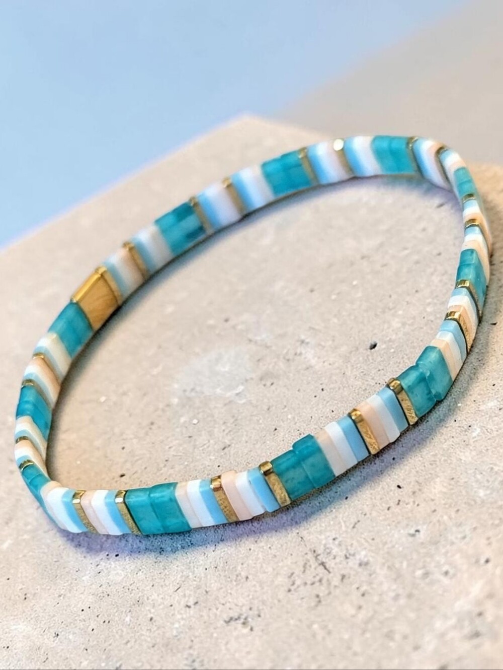 Turquoise & White Glass Tila Tile Stretch Bracelet
